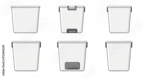 Six different styles of white trash cans on a white background
