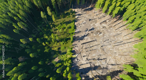 Deforestation Impact: High-angle view depicts a stark contrast between lush forest and a clear-cut area, underscoring the environmental implications of deforestation.