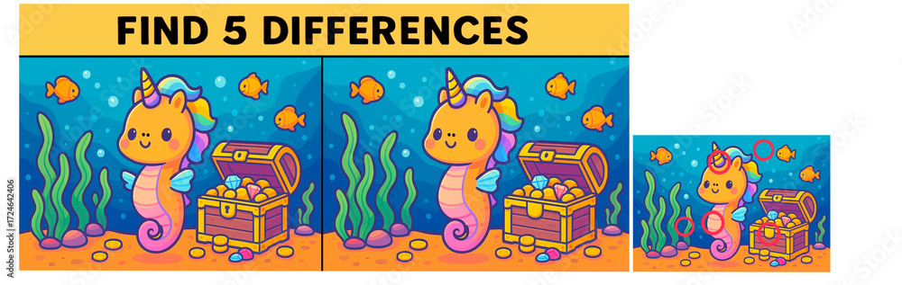 Fototapeta premium Cute Unicorn Seahorse Find the Differences Puzzle Game Educational Activity for Children Underwater Theme