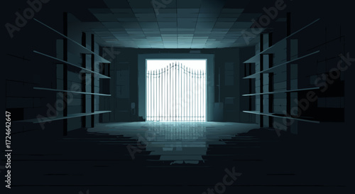 Mysterious Passage: An empty room with shelves on both sides leads to a bright gate, emanating an ethereal glow and inviting a sense of anticipation and discovery.