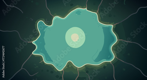 Aerial Lake View: a tranquil, inviting lake nestles amidst surrounding terrain, evoking a sense of calm and solitude