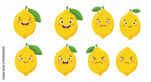 A cute cartoon lemon character set showcasing a variety of facial expressions and emotions