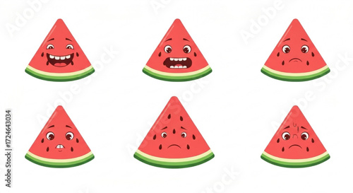 Cute Watermelon Slices with Funny and Expressive Faces on a White Background