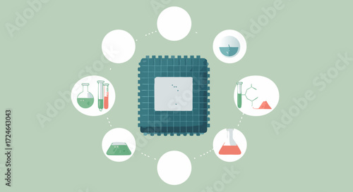 Innovation in Science: A cutting-edge central processing unit symbolizes the convergence of science and technology, with surrounding icons representing various scientific disciplines.