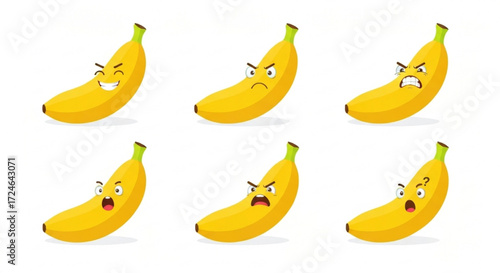 Expressive banana fruit character set with multiple emotions for design and animation