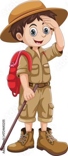 Cartoon young explorer adventurer character illustration, outdoor hiking travel boy with backpack, hat, walking stick, smiling adventure kid vector design