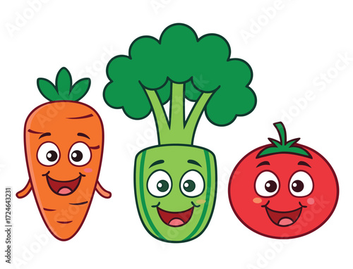 Cartoon vegetables with happy expressions a carrot broccoli and tomato