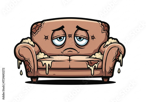 A dejected cartoon sofa character, looking old, worn-out, and in need of repair