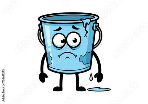 Sad, leaking cartoon bucket character feeling down and broken, symbolizing loss or damage