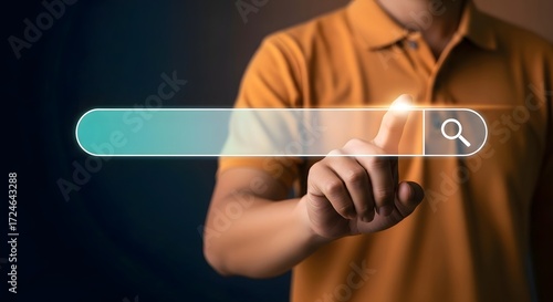 Man using search bar with finger touching the screen for online search and web browsing concept