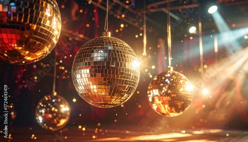 Several mirror balls hang in a concert hall, bathed in bright spotlight. Light sparkles in the air against a blurred background