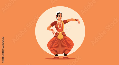 Artistic Dance Performance: A beautiful dancer, adorned in vibrant traditional attire, gracefully executes a dance routine, poised elegantly against a warm, inviting backdrop.