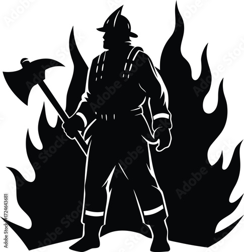 Firefighter vector Silhouette illustration firefighter facing wall of flames silhouette