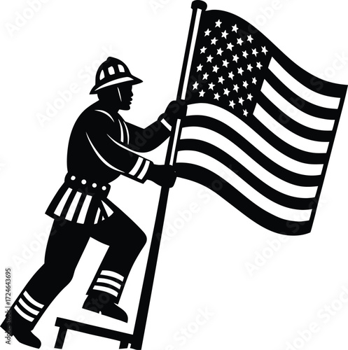 Firefighter vector Silhouette illustration firefighter raising flag on fire station