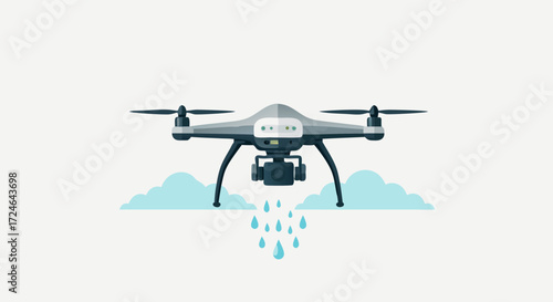 Drone and Rainfall Illustration: A modern drone is depicted, hovering above a stylized scene with raining drops and stylized cloud formations, signifying surveillance, or technological advancement. 