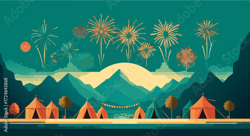 Fireworks over the camp: A picturesque view, capturing colorful fireworks illuminating the night sky, set against a backdrop of tents in a campsite.