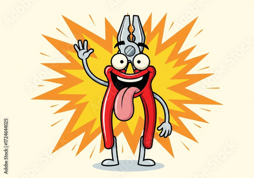 Funny anthropomorphic pliers tool with a crazy face on an explosive background illustration