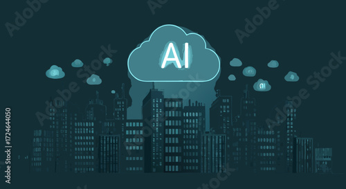 AI Cloud Computing and Cityscape: A stylized illustration showcasing a cityscape beneath a cloud symbolizing artificial intelligence, representing the fusion of technology and urban environments.
