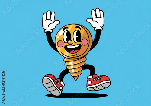 Whimsical golden coin lightbulb mascot character, full of energy and positive vibes, jumping with excitement