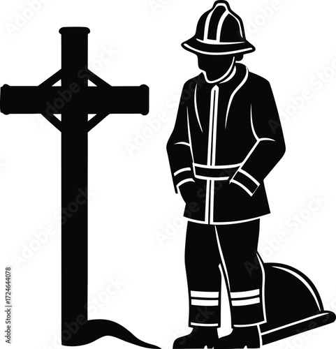 Firefighter vector Silhouette illustration lone firefighter standing at attention