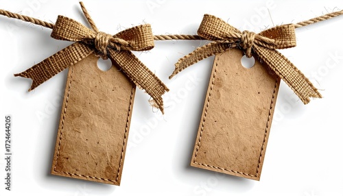 Two blank paper tags are tied with rustic twine bows to a length of jute, all cast against a white backdrop with soft shadows
