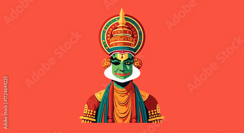 Kathakali Dancer: A striking graphic illustration of a Kathakali dancer, resplendent in elaborate makeup and costume, the dancer embodies the essence of traditional artistry.