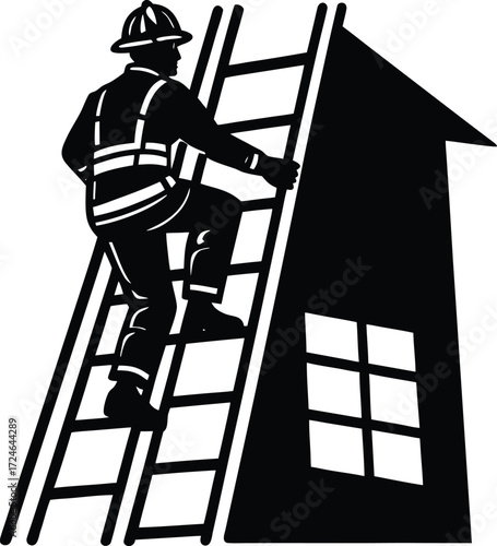 Firefighter vector Silhouette illustration firefighter climbing ladder to building