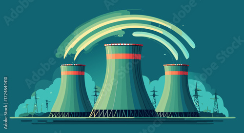 Nuclear Power Plant Illustration: An eye-level, stylized depiction of a nuclear power plant, featuring three cooling towers emitting symbolic energy, set against a teal background.