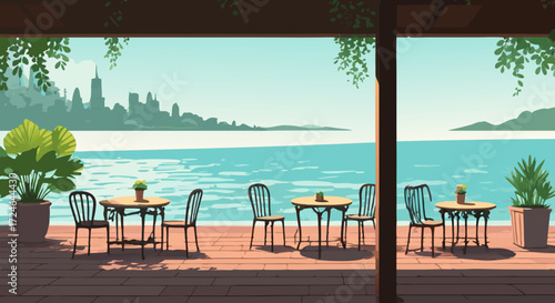 Serene Waterside Cafe Scene: A captivating vista unfolds, revealing an idyllic waterside cafe, featuring tables set amidst an inviting ambiance, all bathed in the gentle embrace of daylight.