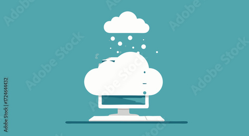 Cloud Computing and Technology Illustration: A sleek illustration depicting data transfer and storage with a cloud above a desktop computer. A modern technological illustration.