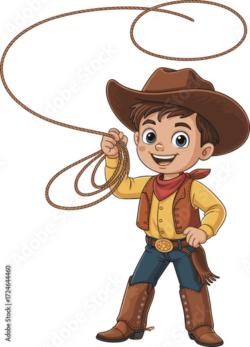 Cartoon cowboy character illustration, cheerful western boy with lasso, children’s book design, wild west costume, playful ranch rodeo theme