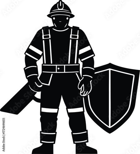 Firefighter vector Silhouette illustration firefighter with shield and gear silhouette