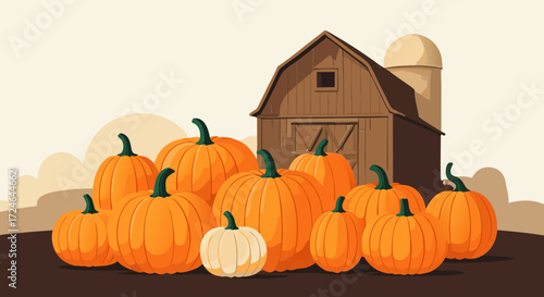 Autumn Harvest: A bountiful collection of plump, vibrant pumpkins, icons of the autumn season, clustered before a rustic barn, evoking the warmth and bounty of the harvest season.