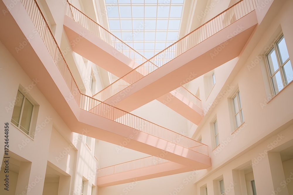 Obraz premium Modern Interior Architecture: Geometric Staircase Design with Soft Colors and Natural Light