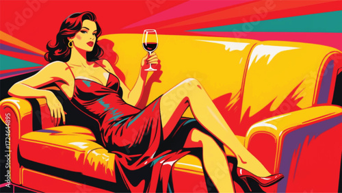 Woman Wine In Sofa Illustrator Artwork Banner Background Design Template 