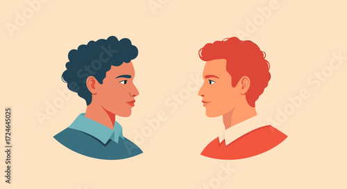 Contemplative Reflections: A minimalist vector graphic portrays the subtle intensity of two individuals facing each other, their profiles suggesting introspection and depth. 