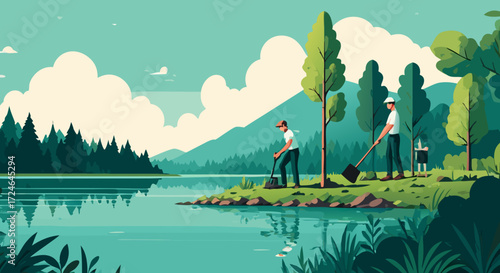 Eco-Friendly Endeavor: Volunteers plant a tree near a tranquil lake, fostering a sense of environmental stewardship and community engagement, illustrated in a vibrant, colorful.