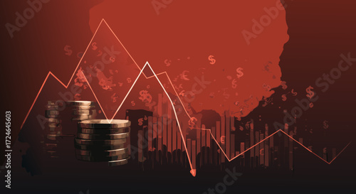 Economic Downturn: Visual representation of financial distress, featuring a falling graph line over stacked coins, illustrating concepts of loss and economic instability. 