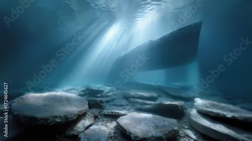 Sunken Ship Remains in Deep Sea with Tranquil Light