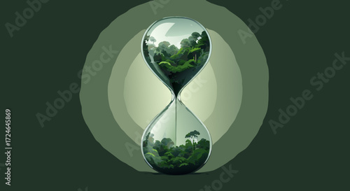 Eco Hourglass: An artistic representation of an hourglass, with nature trapped inside, symbolizes the urgency of environmental preservation and the passage of time.