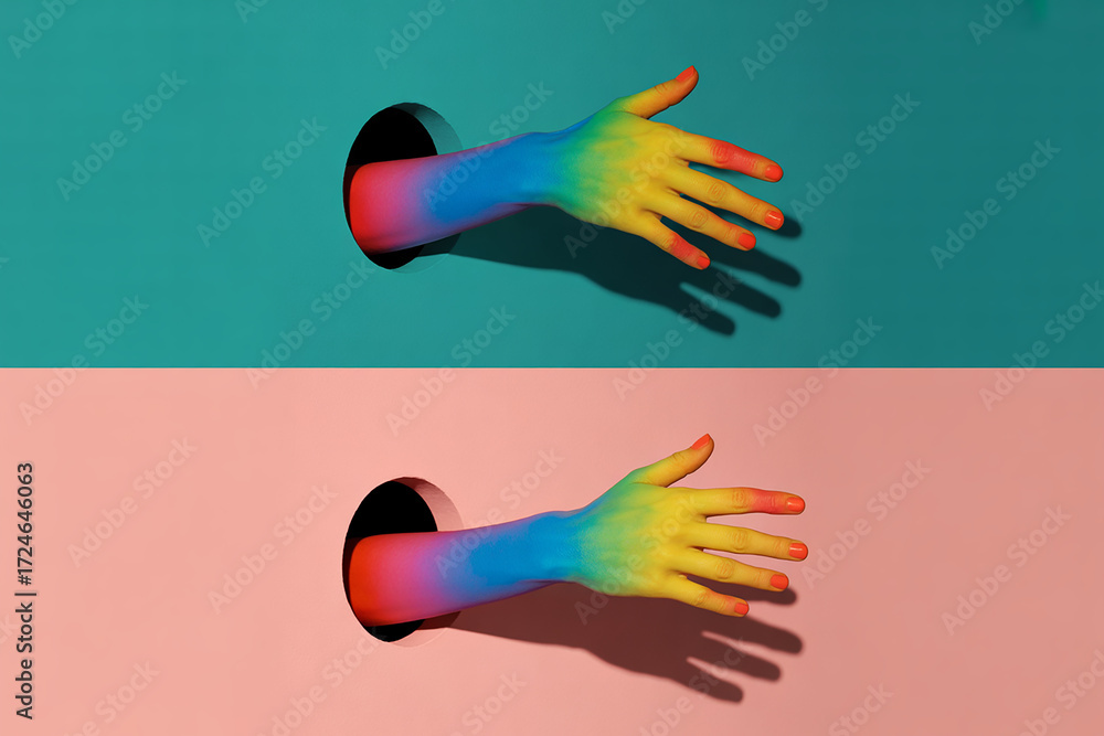 Fototapeta premium Rainbow hands emerging from colorful walls