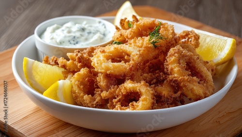 Crispy fried calamari rings, served with a creamy sauce and lemon wedges