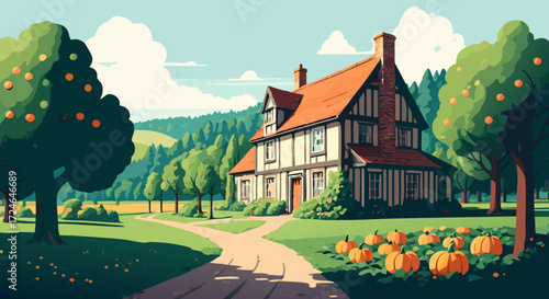 Country Home: A charming cottage stands nestled within a vibrant orchard, exuding warmth and tranquility amidst the picturesque landscape. 