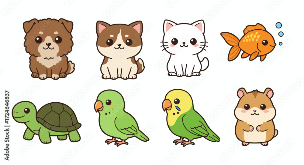 Obraz premium Cute pets collection Kawaii style Various animals Dog cat fish turtle parrot hamster