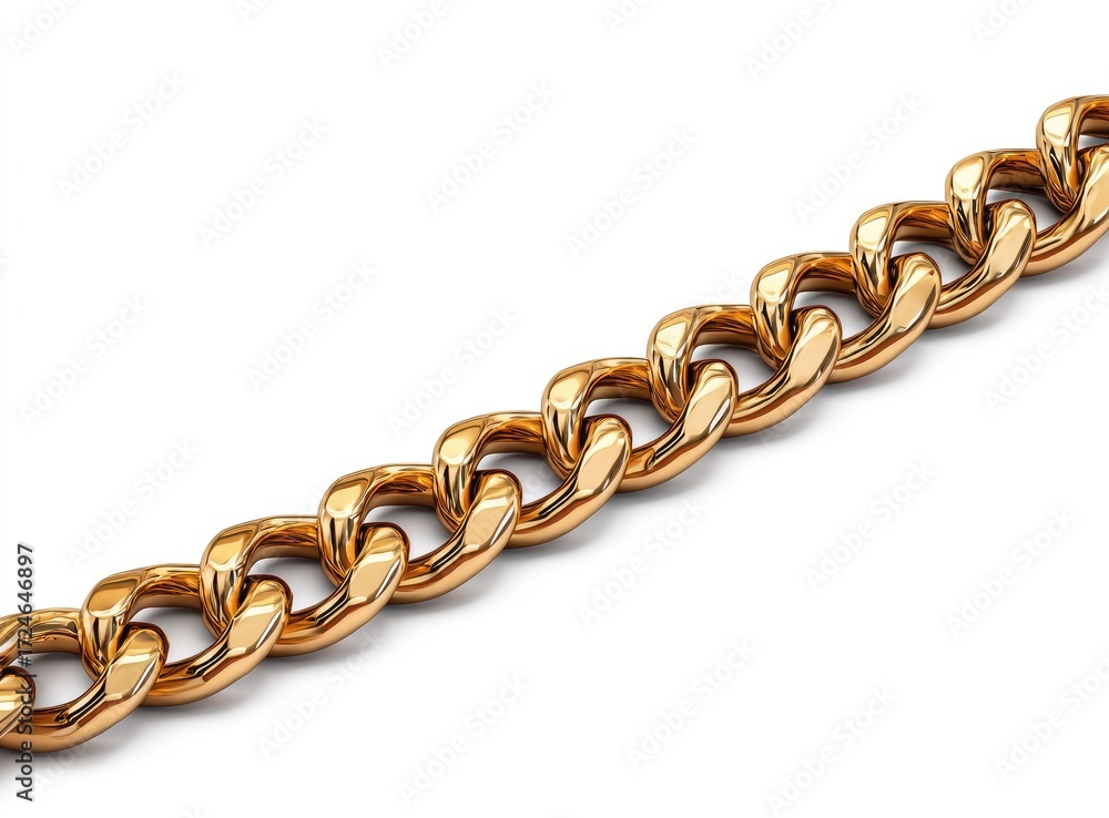 Obraz premium Gold chain necklace, close-up. A thick, polished gold chain, lies horizontally, isolated on a white background. The links are large and well-defined