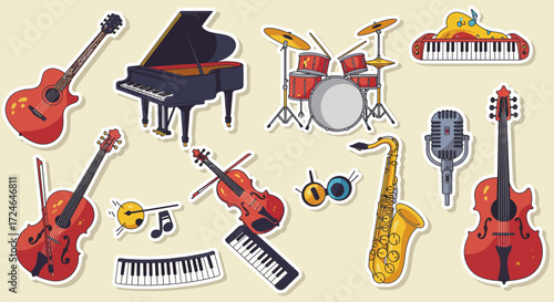 Musical instruments sticker style collection of various instruments for jazz band