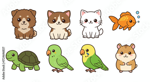 Cute pets collection Kawaii style Various animals Dog cat fish turtle parrot hamster