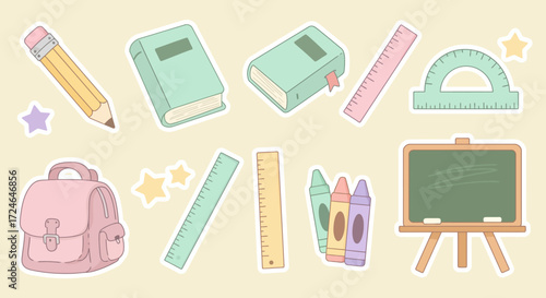 School supplies Pastel style Cute stationery elements Education theme