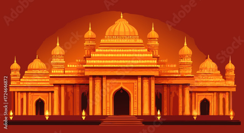 Majestic Palace Illustration: A radiant, golden palace rises against a deep crimson backdrop, inviting a sense of awe and historical grandeur. The detailed architecture creates a feeling of royalty.