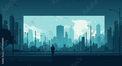 Solitary in the Metropolis: A silhouette of a person stands before a projected cityscape, contemplating the vast urban expanse with a feeling of solitude and wonder.